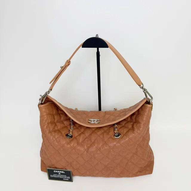 Chanel CC Logo Quilted 2-Way Chain Shoulder Bag Caviar Leather Camel Brown Seal in Brown Caviar leather from The Reluxe