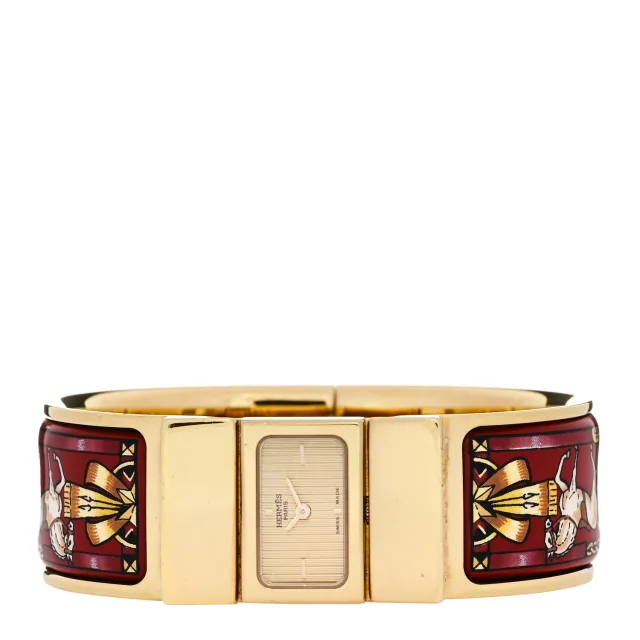 Hermès Stainless Steel Enamel 19mm Printed Horse Loquet Quartz Watch Red in Red from FASHIONPHILE, photo 2 of 5