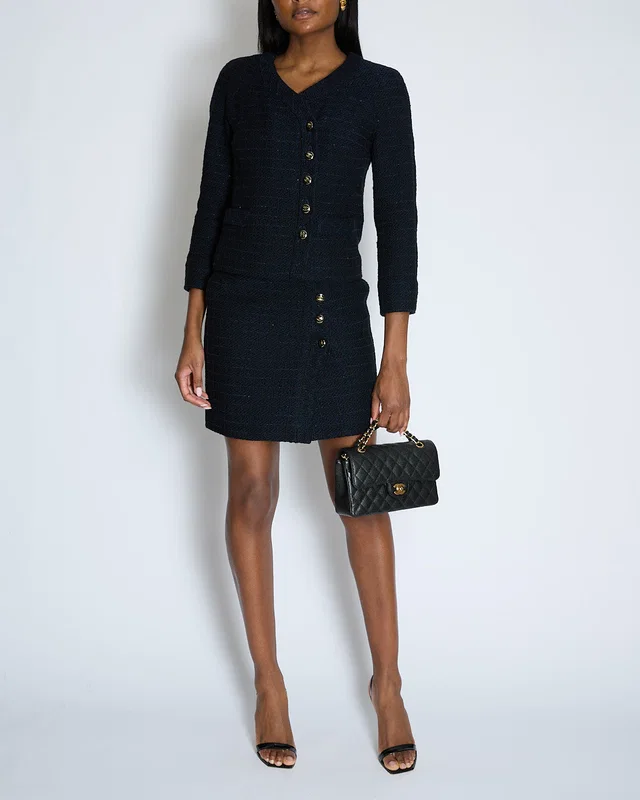 Chanel Black and Navy Tweed Jacket and Mini Skirt Set with Black and Silver Button Detail Size FR 34… in Black Tweed from Sellier