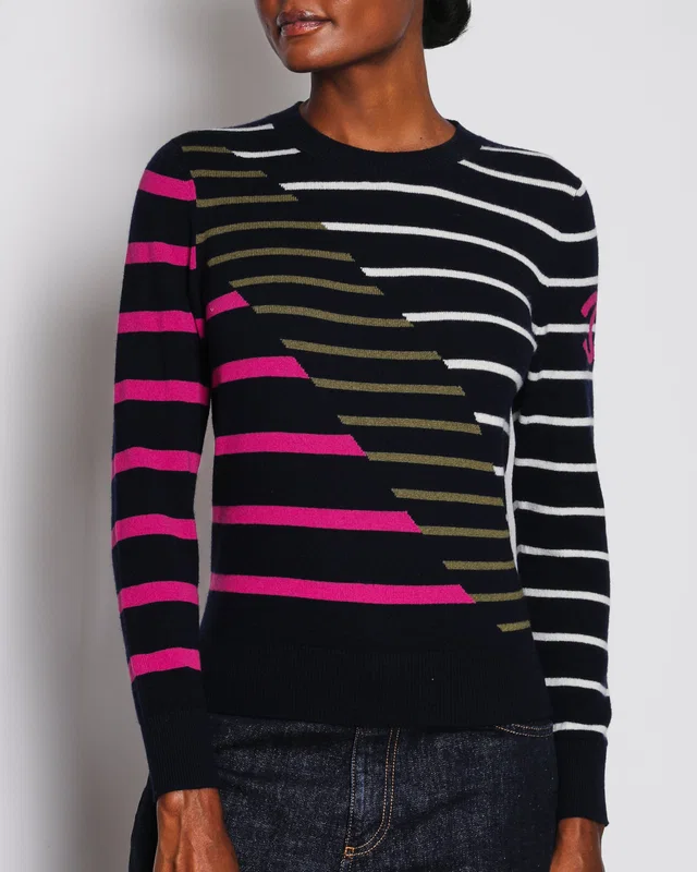 Chanel 20/C Navy Long Sleeve Striped Jumper with Fuchsia Logo Detail Size FR 36 (UK 8) in Navy Cashmere from Sellier