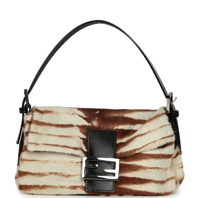 Fendi Vintage Baguette Bag Brown, White Calf Hair Silver Hardware in Brown Leather from Madison Avenue Couture