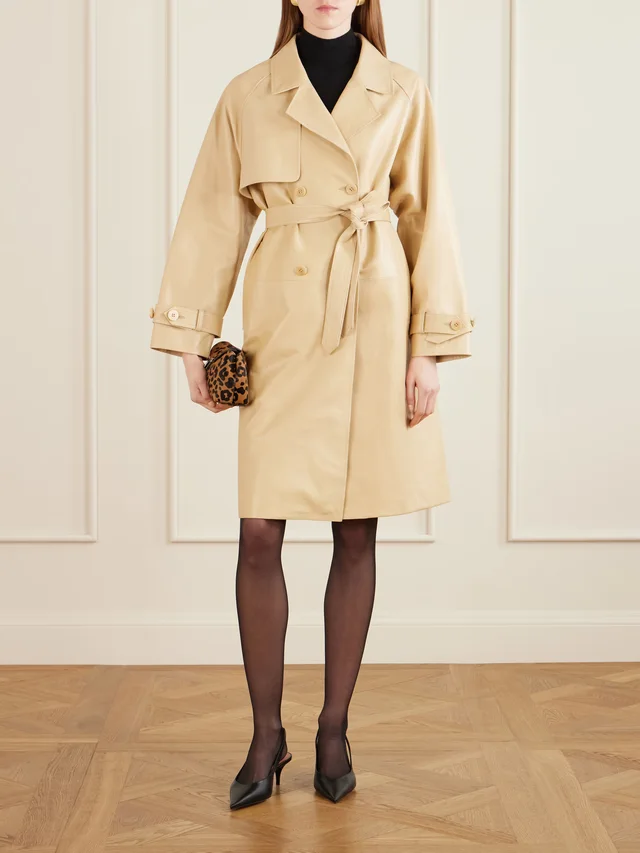 NOUR HAMMOUR Double-breasted belted leather trench coat in pastel yellow 100% LAMBLEATHER, photo 2 of 5 from NET-A-PORTER (Canada)