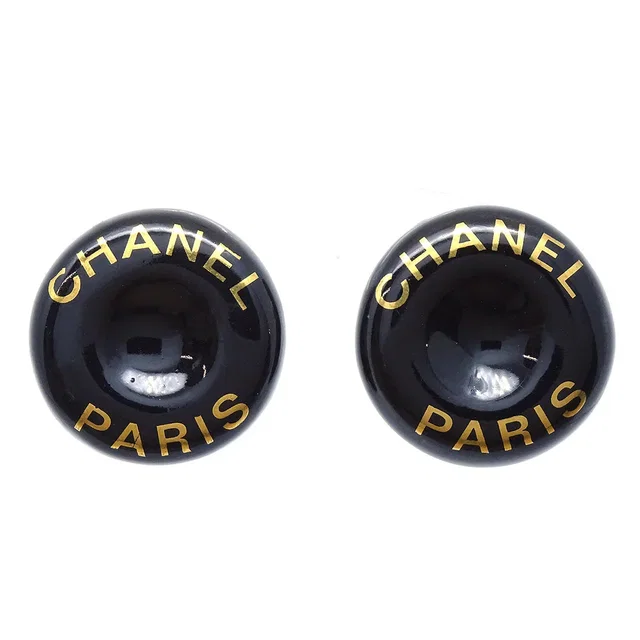 Chanel 1997 Button Logo Earrings Black Clip-On in Black Resin from AMORE Vintage Tokyo