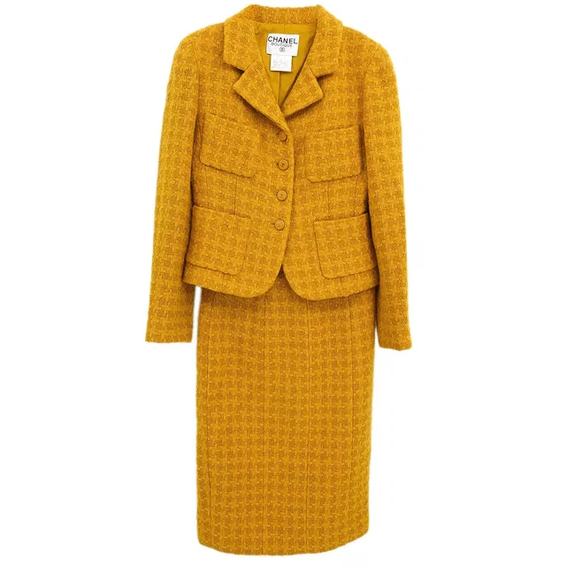 Chanel 1995 Setup Suit Jacket Skirt Yellow #36 in Yellow Nylon from AMORE Vintage Tokyo