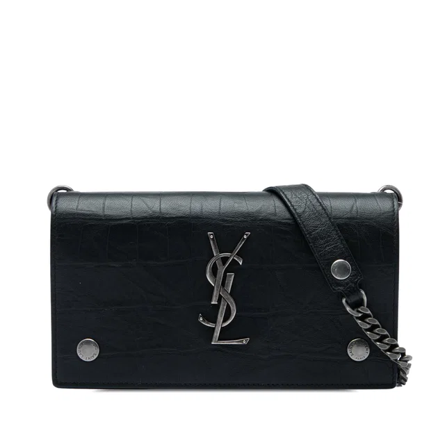 Black Saint Laurent Croc Embossed Leather Monogram Rider Wallet on Chain Crossbody Bag in Black Crocodile from Designer Revival
