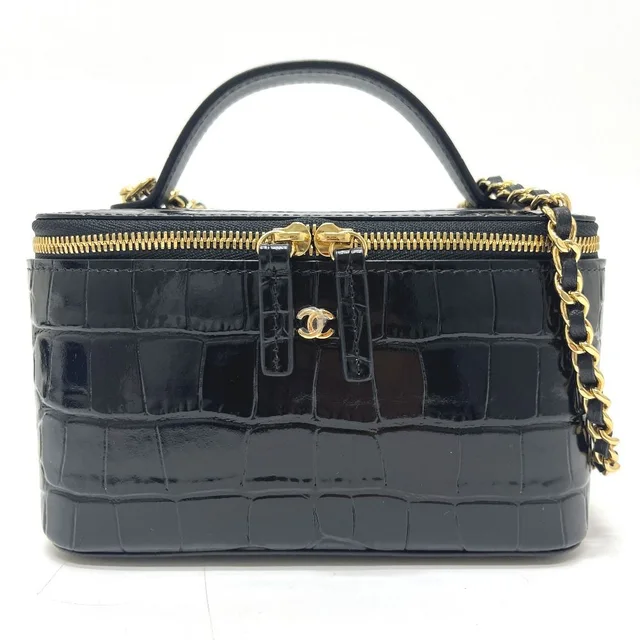 Chanel Shoulder Bag CC Logo Croco Embossed Vanity Leather Black in Black Leather from The Reluxe