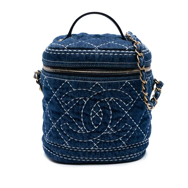 Blue Chanel CC Quilted Denim Trip Vanity Case with Chain Satchel in Blue Denim from Designer Revival