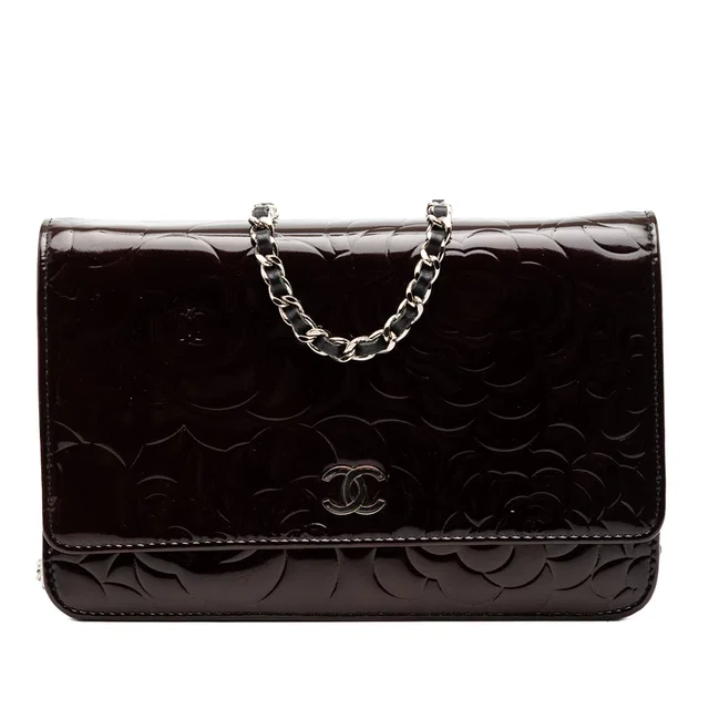 Brown Chanel CC Embossed Patent Camellia Wallet On Chain Crossbody Bag in Brown Patent leather from Designer Revival