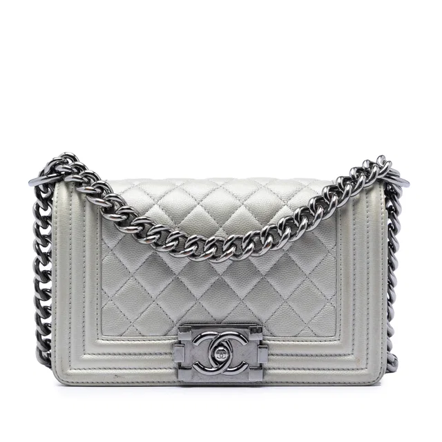 Silver Chanel Small Quilted Metallic Caviar Boy Flap Crossbody Bag in Silver Caviar leather from Designer Revival