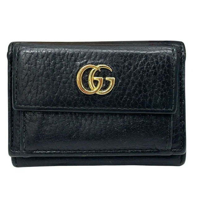 Gucci GG Marmont Trifold Wallet Mini Leather Black Gold Logo Sophisticate in Black Leather from The Reluxe