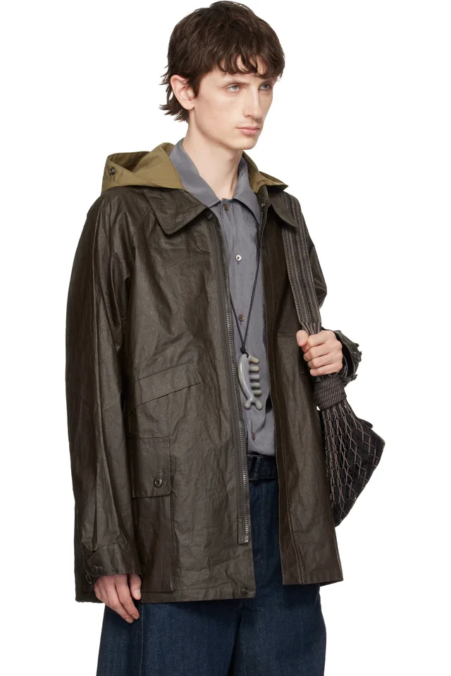 LEMAIRE Brown Detachable Hood Coated Technical Linen Rain Jacket, photo 2 of 4 from SSENSE