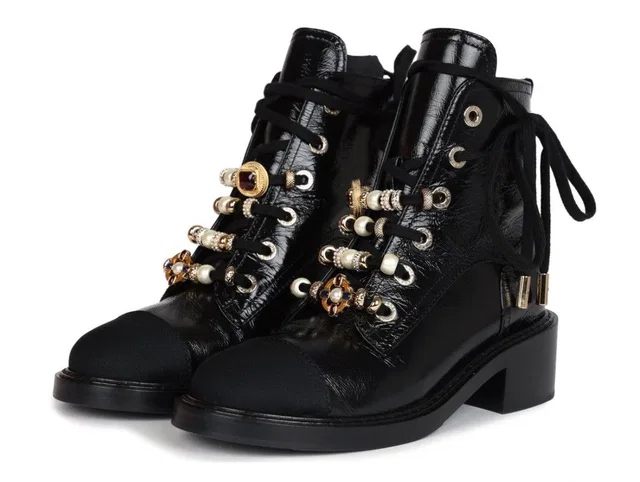 Chanel Black Leather with decorative beads and embellishments Flat Ankle Boots in Black Leather from HEWI