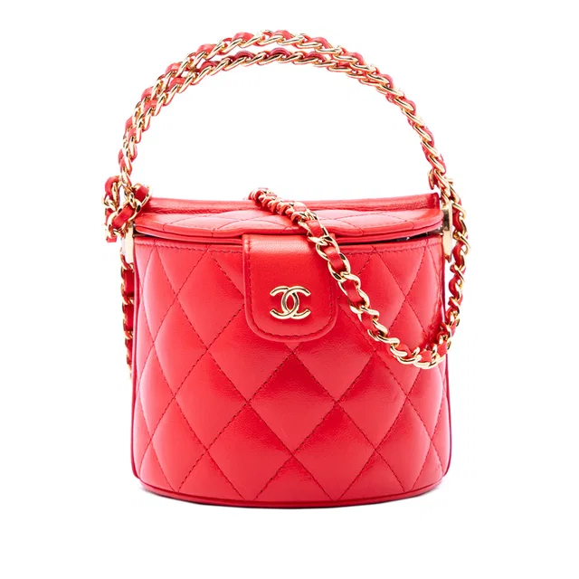 Red Chanel CC Quilted Lambskin Top Handle Round Vanity Case with Chain Satchel in Red Lambskin from Designer Revival