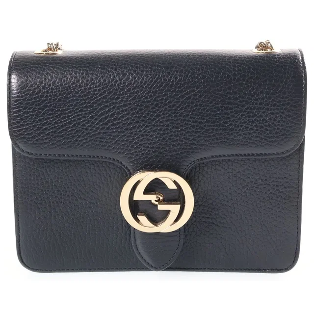 Gucci Interlocking G Leather Chain Shoulder Bag Gold Black in Black Leather from The Reluxe