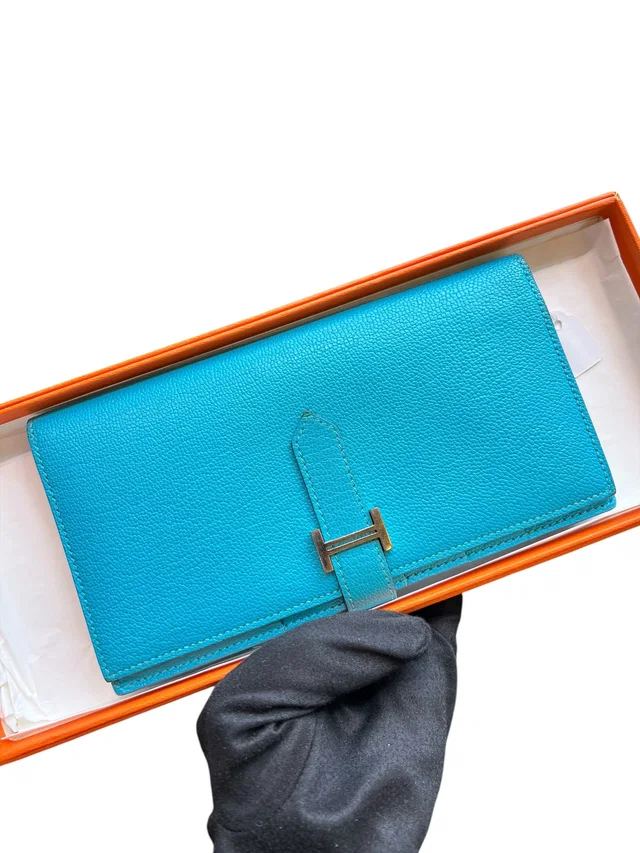 Hermès Bearn Wallet Turquoise Chevre PHW in Blue Goatskin from Luxury Promise
