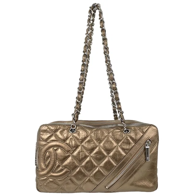 Chanel 2006-2008 Metallic Bronze Calfskin Cotton Club Cambon Ligne Handbag in Calfskin from AMORE Vintage Tokyo