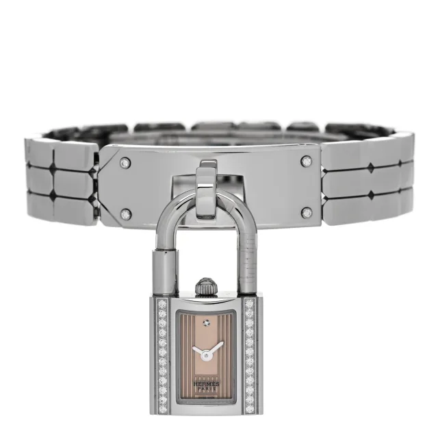 Hermès Stainless Steel Diamond Pave 16mm Kelly Quartz Watch Copper Rose in Pink from FASHIONPHILE, photo 2 of 5