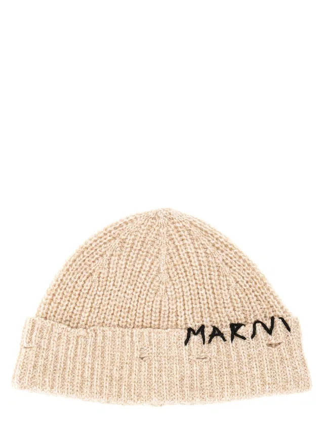 Marni Clmc0173q0_ufh30100w23 Mending Embroidery Beanie — Beige Virgin Wool Knit Beanies in Beige Wool from HEWI