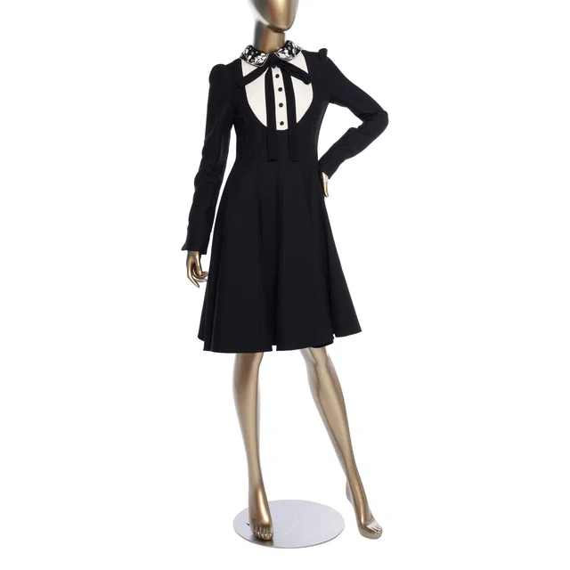 Valentino Garavani nwt black cream wool & silk "crepe couture" ls dress in Black Silk from Designer Revival