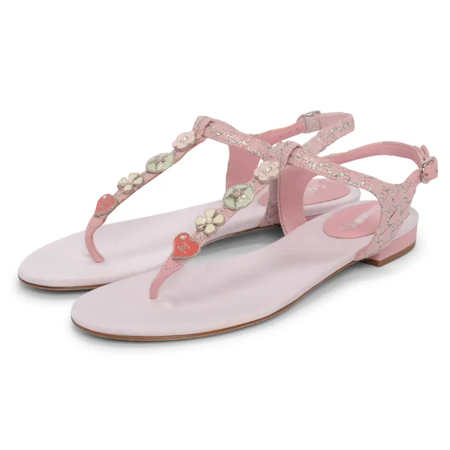 Chanel CC Charms Thong Sandals 37 in Pink Raffia from Blue Spinach