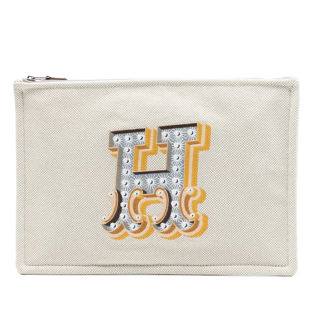 Hermès H Canvas Embroidered Electrique Flat Case in Beige Canvas from Designer Revival