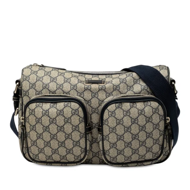 Beige Gucci GG Supreme Double Pocket Crossbody in Beige Coated canvas from Designer Revival