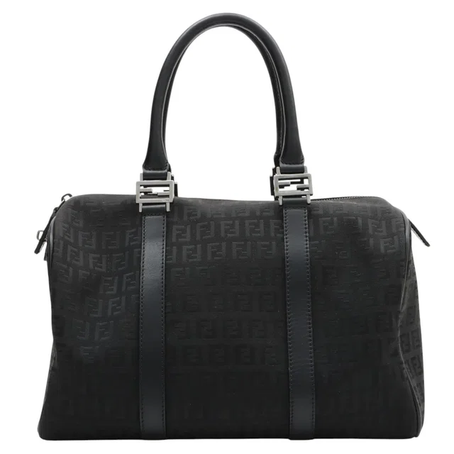 Fendi FF Zucchino Pattern Boston Bag Black in Black Canvas from VINTAGE QOO TOKYO