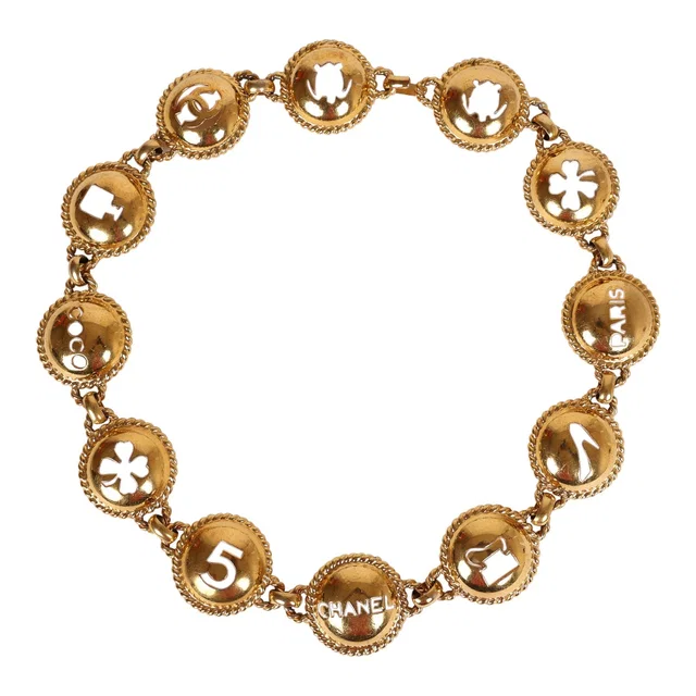 Chanel Vintage 24K Gold Plated Round Cutout Lucky Charms Chain Belt in Gold from Madison Avenue Couture