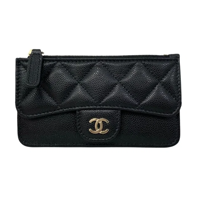 Chanel Card Case Coin Classic Zip Fragment Quilted Caviar Leather CC Logo Black in Black Caviar leather from The Reluxe