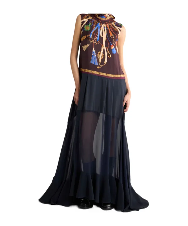 Etro long silk dress with see-through skirt and placed print, photo 2 of 4 from SENSER