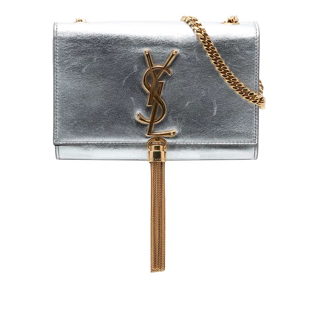 Silver Saint Laurent Small Metallic Calfskin Monogram Kate Tassel Crossbody in Silver Calfskin from Designer Revival