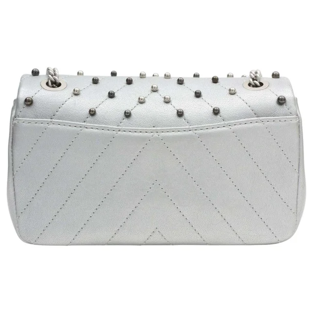 Chanel Around 2017 Made Studded Chevron Stitch CC Turn-Lock Chain Shoulder Bag Mini Silver in Silver Lambskin from VINTAGE QOO TOKYO, photo 2 of 2