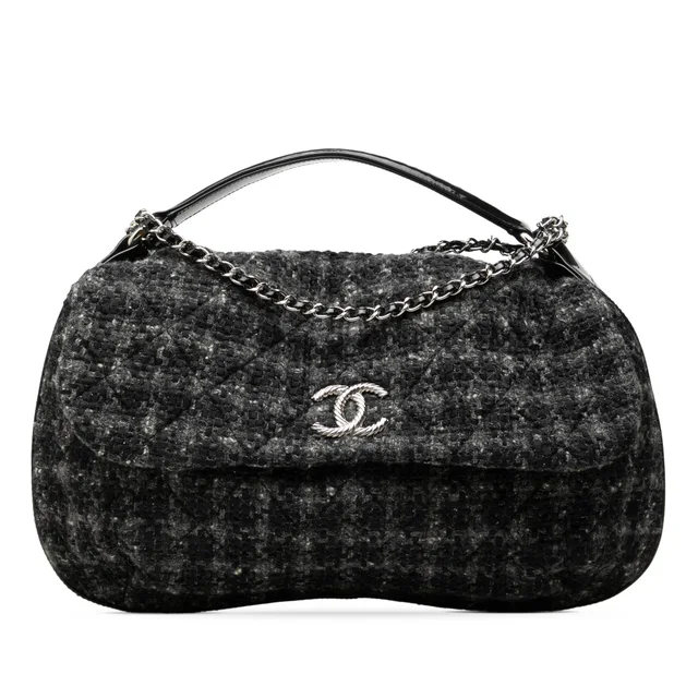 Black Chanel CC Tweed Top Handle Flap Satchel in Black Tweed from Designer Revival