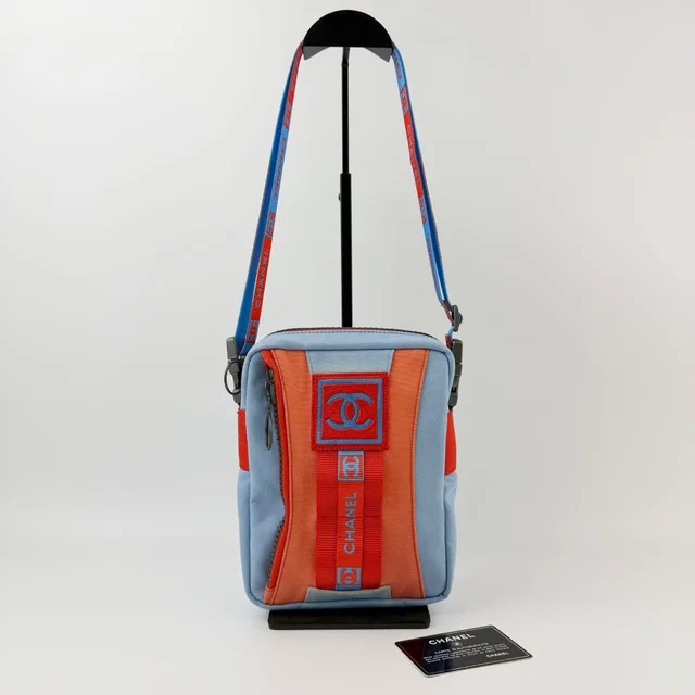 Chanel Sports Line Shoulder Bag Cross Nylon Canvas Light Blue Orange Red Seal in Red Canvas from The Reluxe