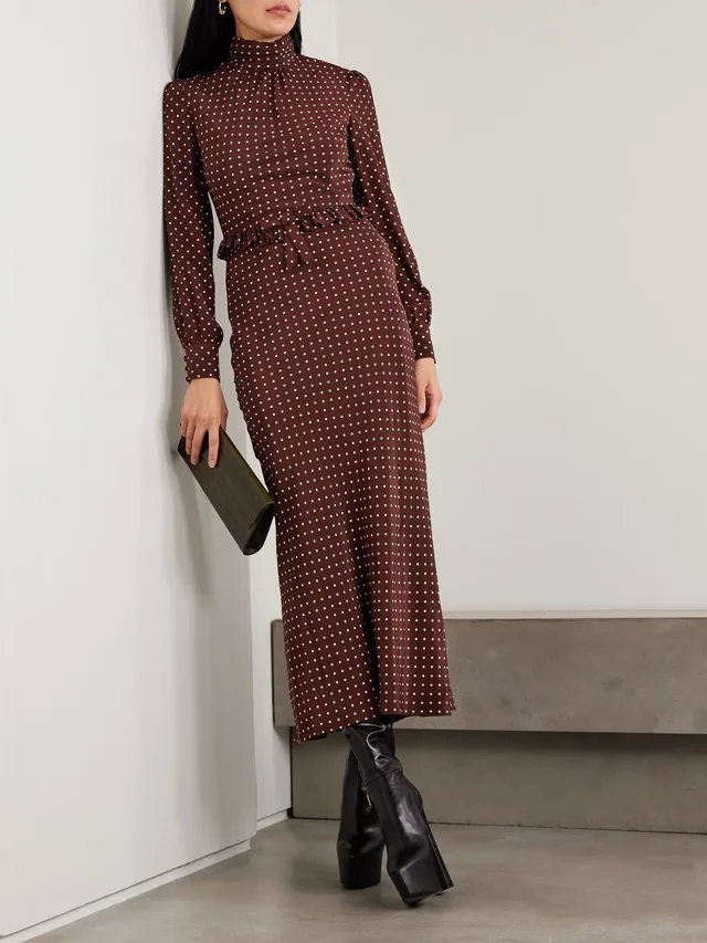 ALESSANDRA RICH Ruffled bow-detailed polka-dot silk crepe de chine midi dress in Brown, photo 2 of 2 from NET-A-PORTER (Canada)