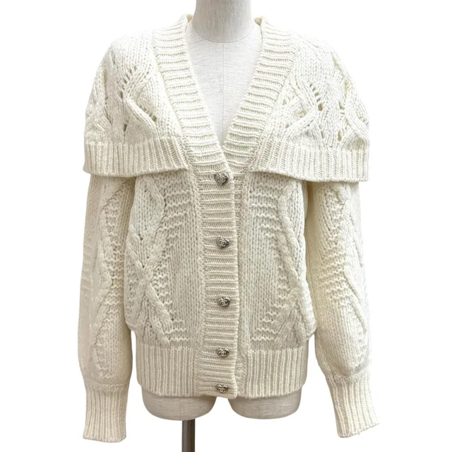 Chanel Wool Alpaca Blend Heart CC Logo Button Rhinestone Sailor Color Cardigan in Wool from The Reluxe