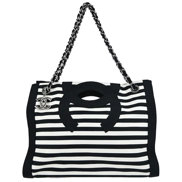 Chanel 2009-2010 Black White Canvas Cruise Line Striped Handbag in Black Canvas from AMORE Vintage Tokyo
