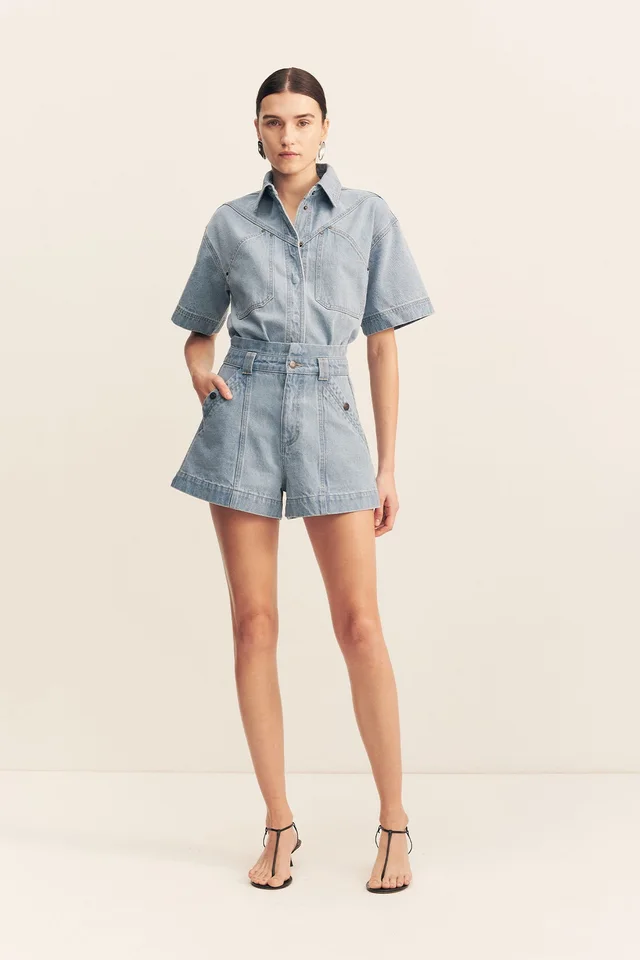 Shona Joy STELLA HIGH WAISTED FLARED SHORT - MID BLUE from Shona Joy, photo 1 of 1