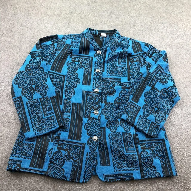 Tudor Jacket Womens Large Blue Geometric Button Front Lined Collared in blue Woven leather from Poshmark