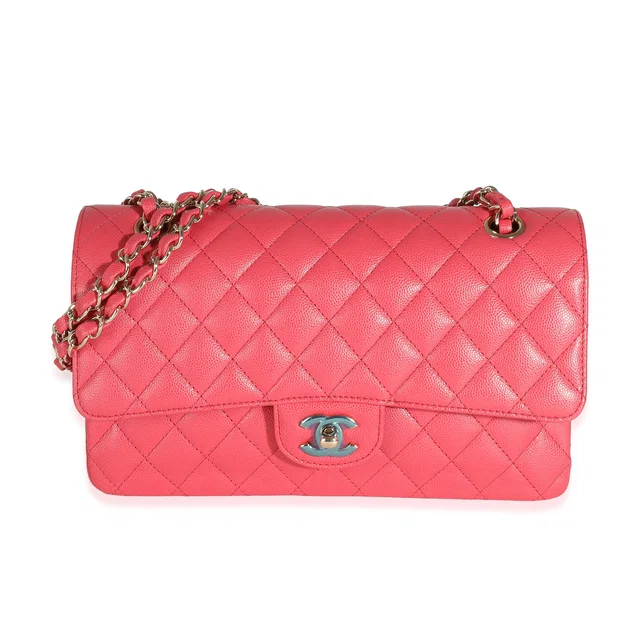 Chanel Dark Pink Quilted Caviar Medium Classic Double Flap Bag Leather Handbag in Pink Caviar leather from HEWI