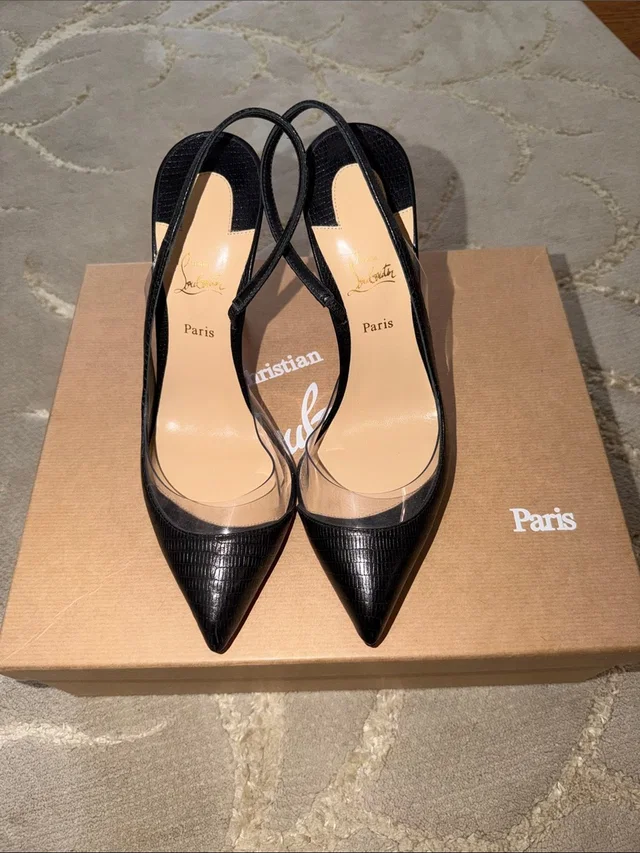 Christian Louboutin Black Pointed Clear-Panel Slingback Pumps in black|white Leather from Poshmark