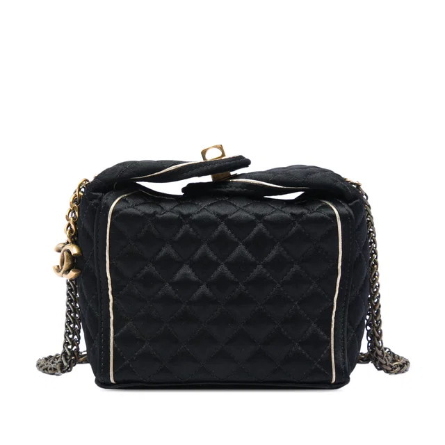 Black Chanel Paris Shanghai CC Quilted Satin Takeaway Box Bag in Black Satin from Designer Revival