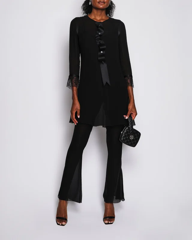 Chanel Vintage 02P Black Silk Flared Jumpsuit and Sheer Blouse Set with Ribbon Detail and Black… in Black Silk from Sellier
