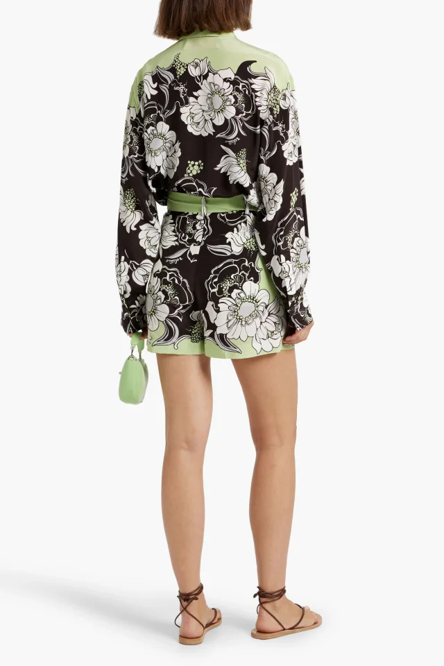 Valentino Garavani Pussy-Bow Floral-Print Silk Crepe de Chine Playsuit in Light green, photo 3 of 4 from THE OUTNET