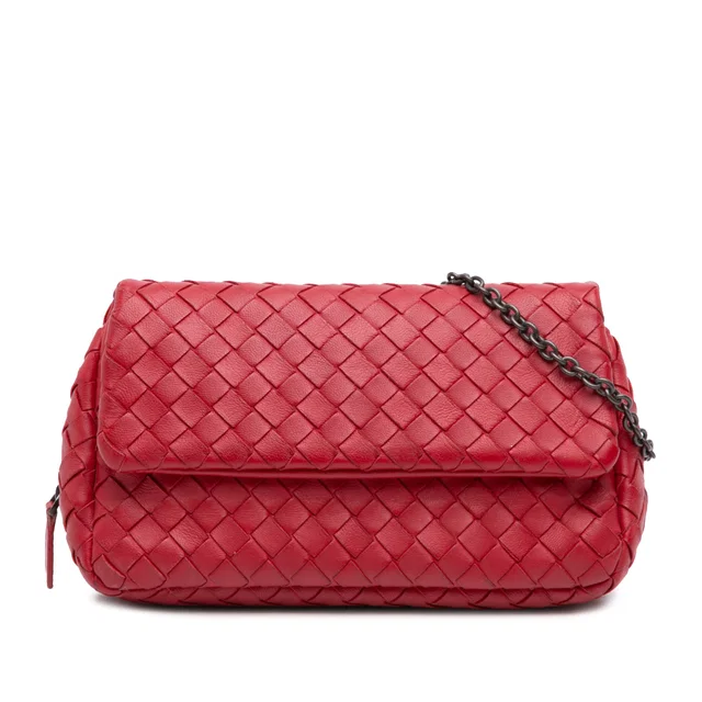 Red Bottega Veneta Mini Nappa Intrecciato Expandable Chain Flap Crossbody in Red Nappa leather from Designer Revival