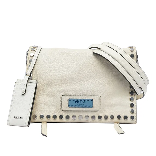 White Prada Glace Calfskin Studded Etiquette Flap Satchel in White Calfskin from Designer Revival