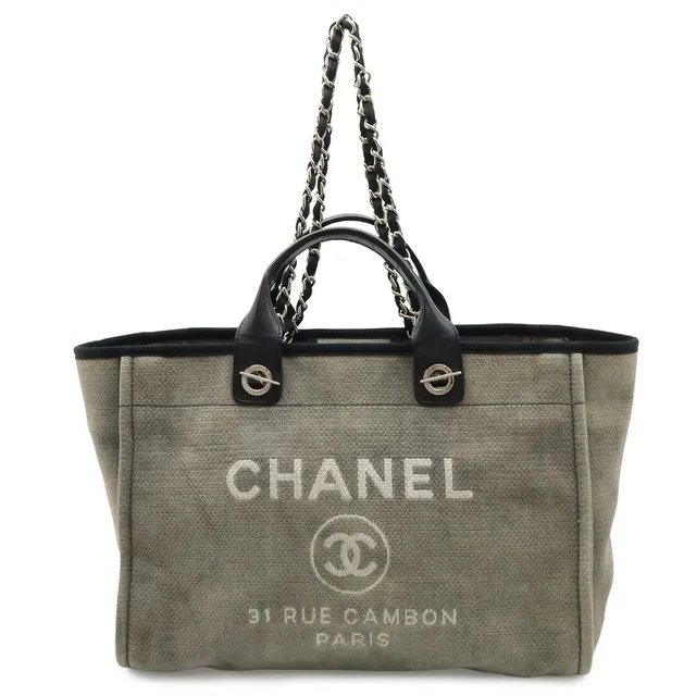 Chanel Deauville Tote GM Logo 2-Way Chain Shoulder Bag Canvas Leather Gray Black in Black Canvas from The Reluxe
