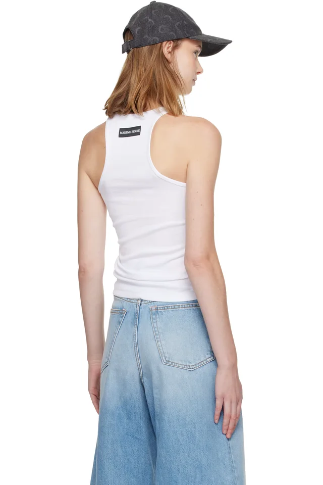 Marine Serre White Moon Logo Ribbed Jersey Tank Top, photo 3 of 4 from SSENSE