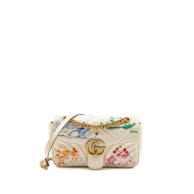 Gucci x Disney Medium GG Marmont Matelasse Leather Mickey and Minnie Print White/Mulitcolour GHW in White Leather from EMIER