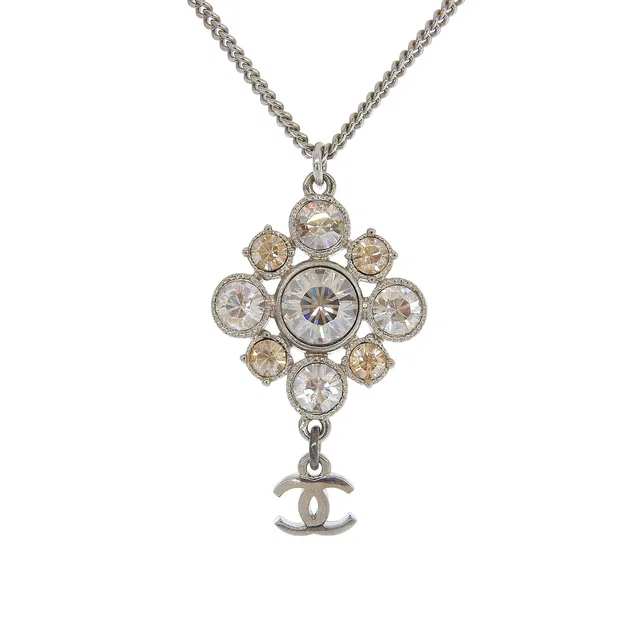 Chanel Rhinestone Diamond Motif CC Mark Swing Necklace Silver in Silver from VINTAGE QOO TOKYO
